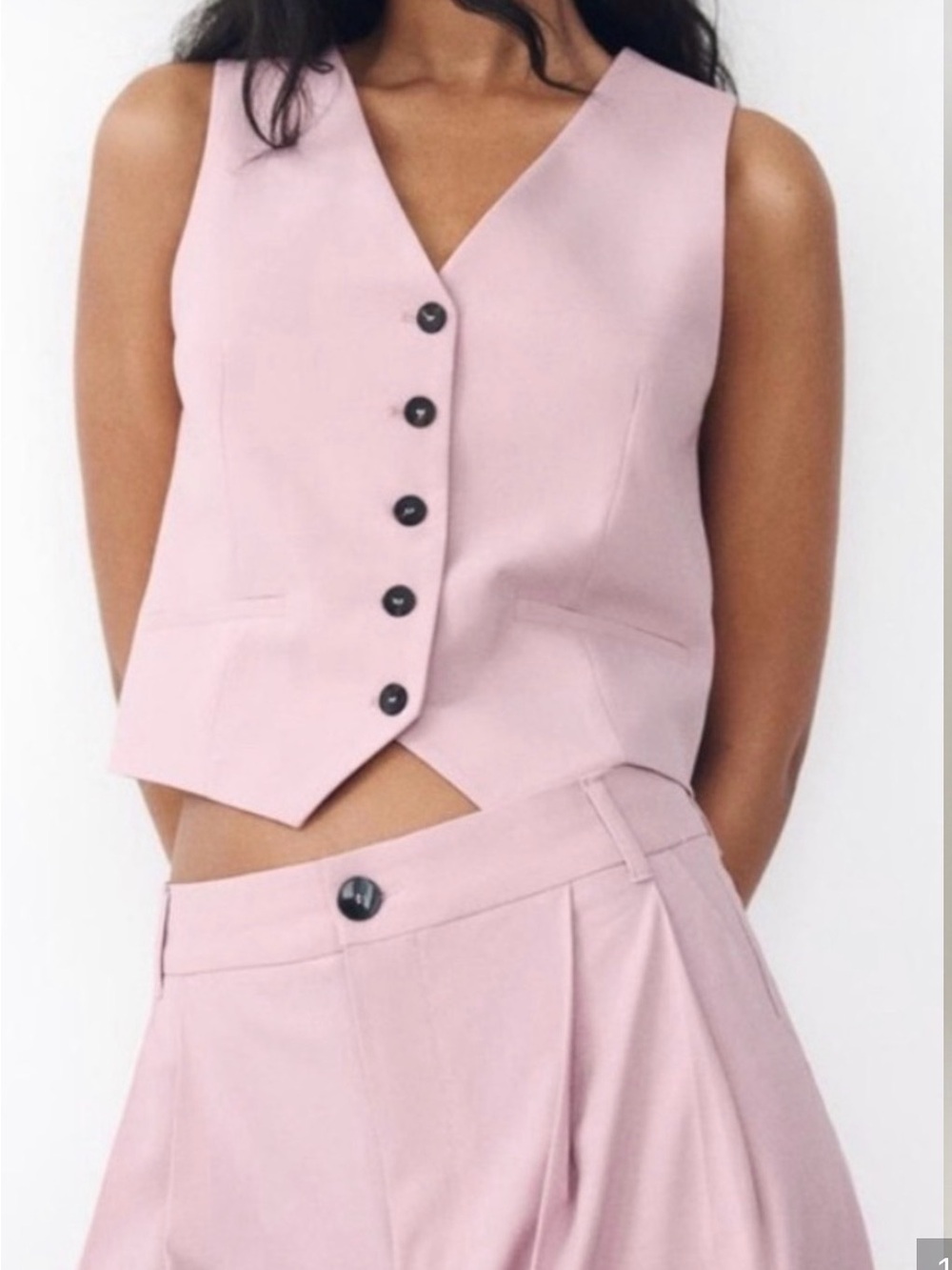 Zara Sleeveless V-Neck Buttoned Vest & High-Waist Trousers - Pale Pink